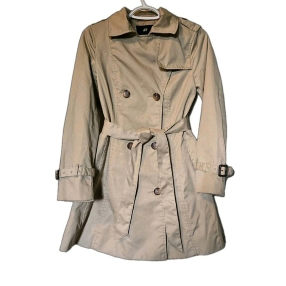 H&M Khaki Tan Beige Mid-Length Double-Breasted Trench Coat